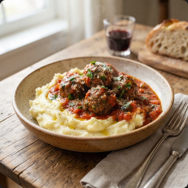 Beef Meatballs with Tomato Sauce & Mashed Potatoes