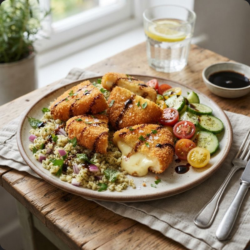 Breaded Camembert Bowl with Bulgur & Crudites