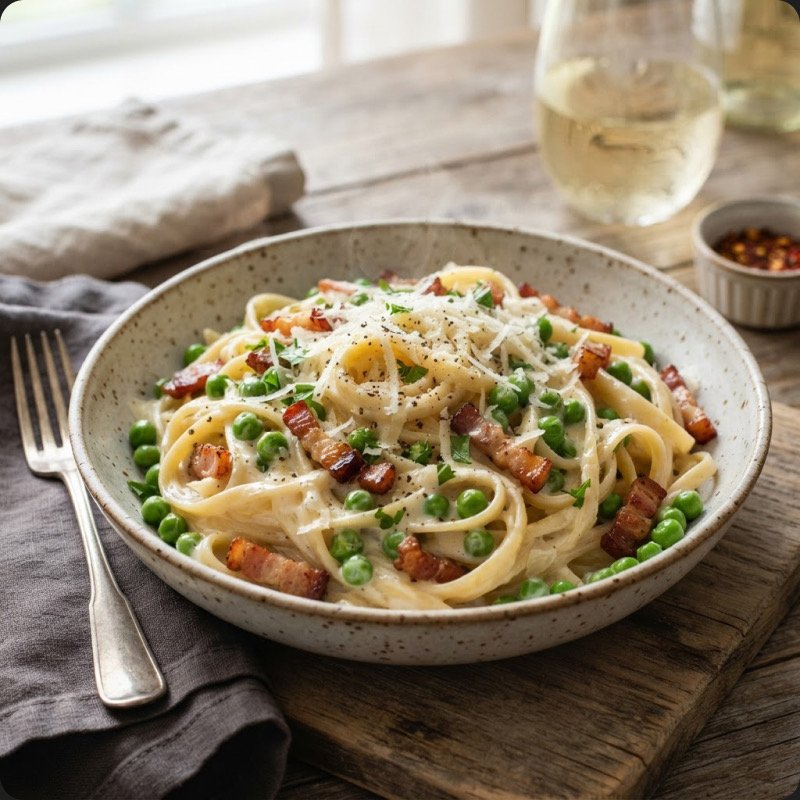 Creamy Linguine with Peas & Bacon Lardons