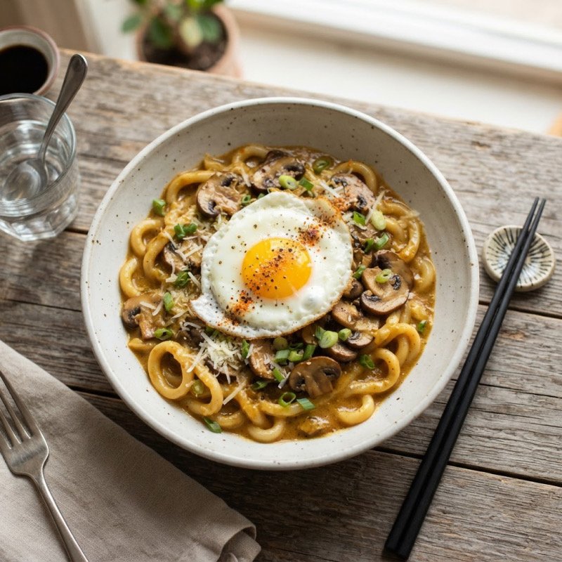 Curry Cream Udon with Mushrooms & Egg