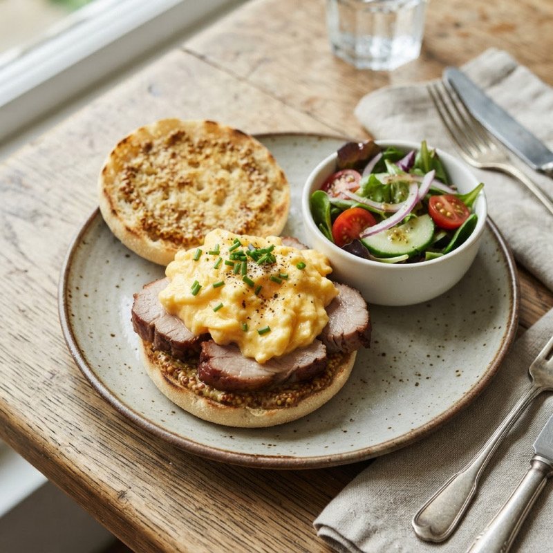 English Muffin with Roast Pork & Scrambled Eggs