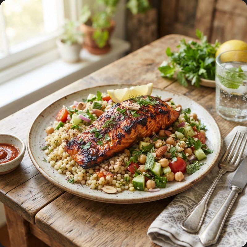 Harissa Salmon with Cucumber & Chickpea Tabbouleh