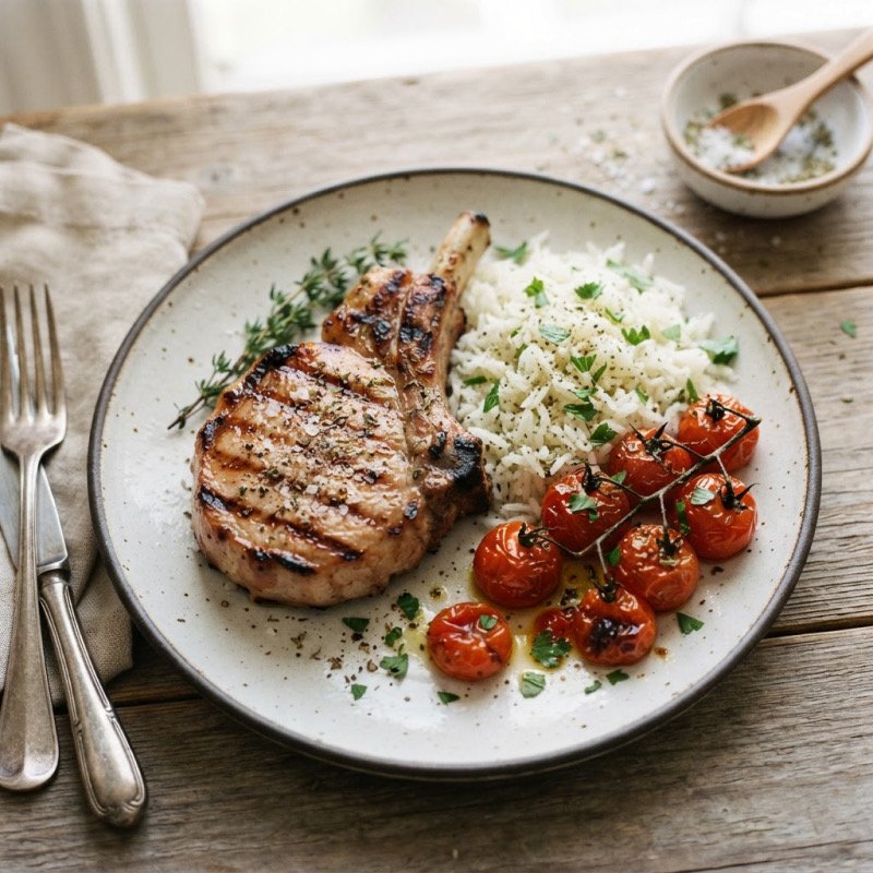 Pork Chop with Roasted Cherry Tomatoes