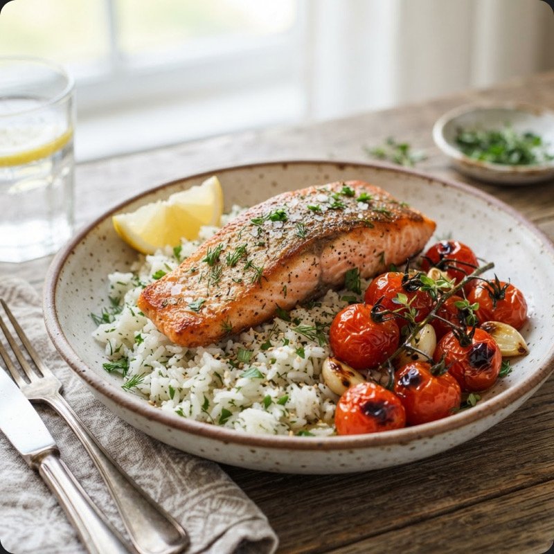 Salmon with Roasted Cherry Tomatoes & Rice