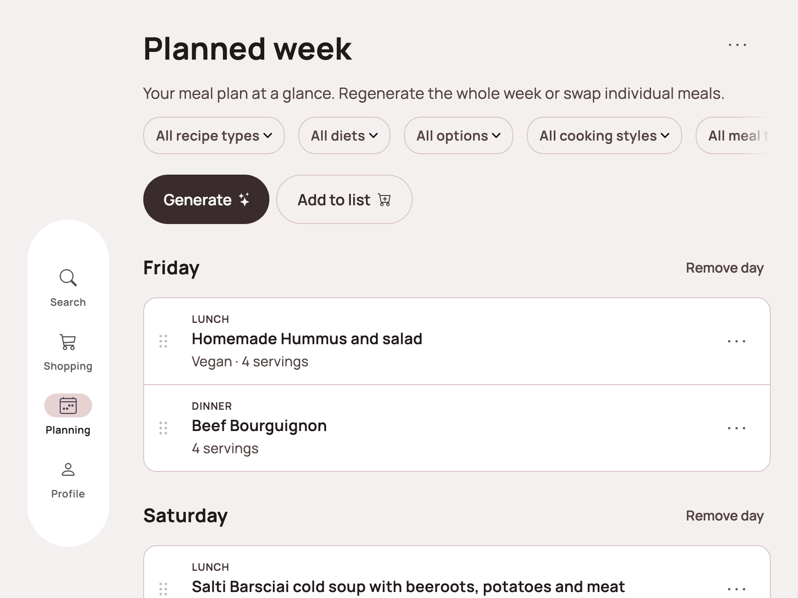 Lazy Meal's planner, showing Friday and Saturday's lunch and dinner filled in